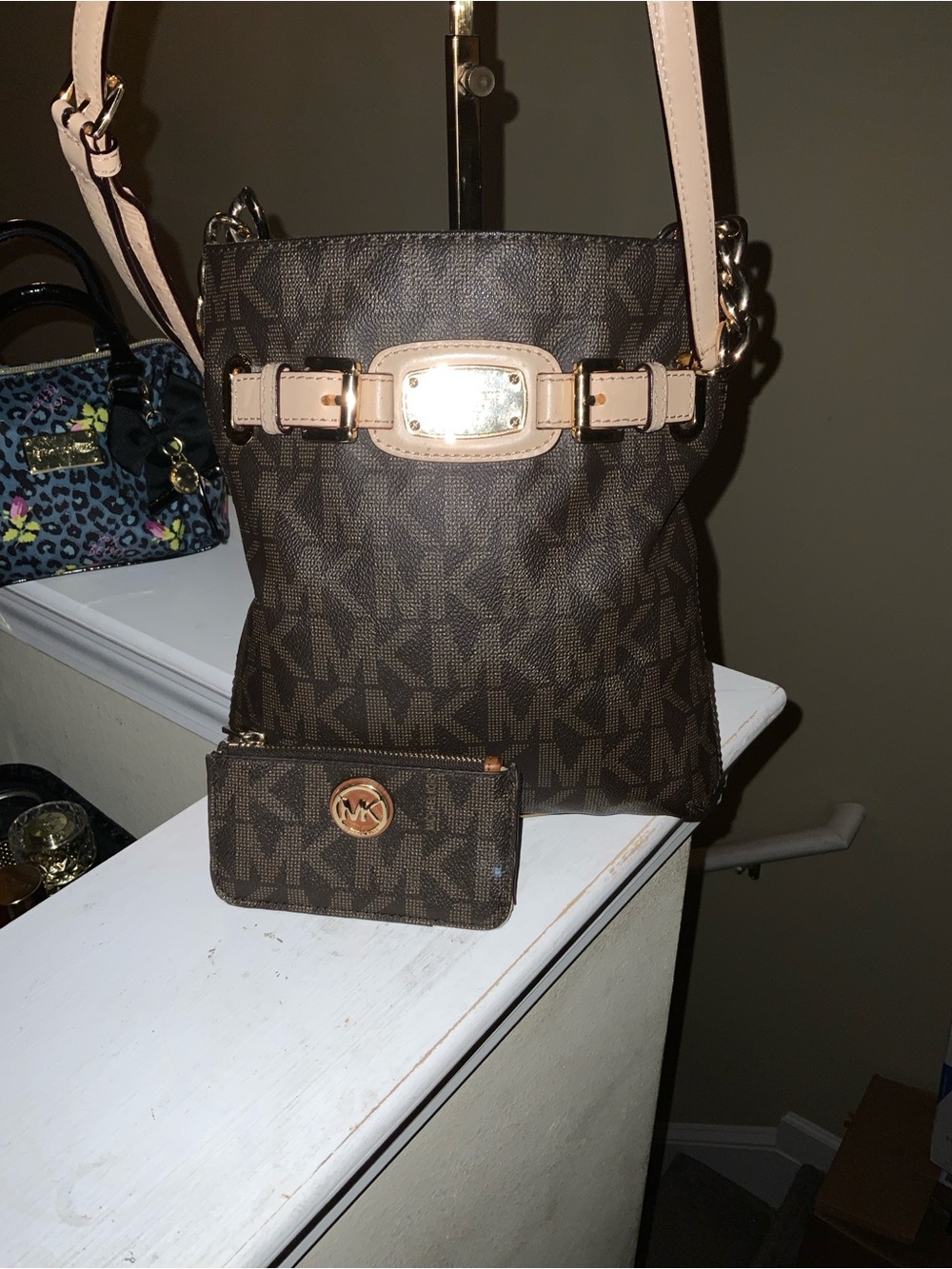 Michael Kors Brown Logo Crossbody with Pale Pink Trim and Matching Wallet